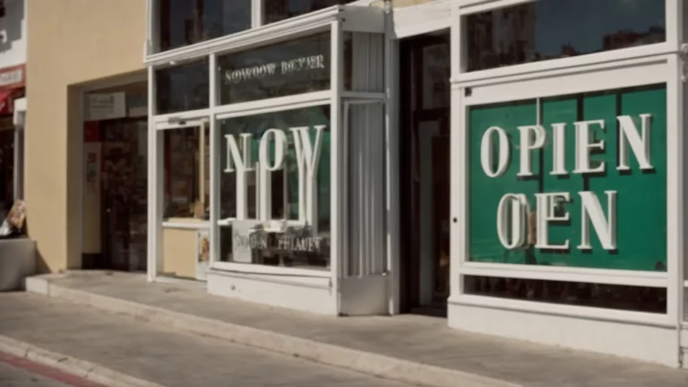 a storefront of a boutique in the sunny streets of san diego with a "now open" sign hanging in the window.