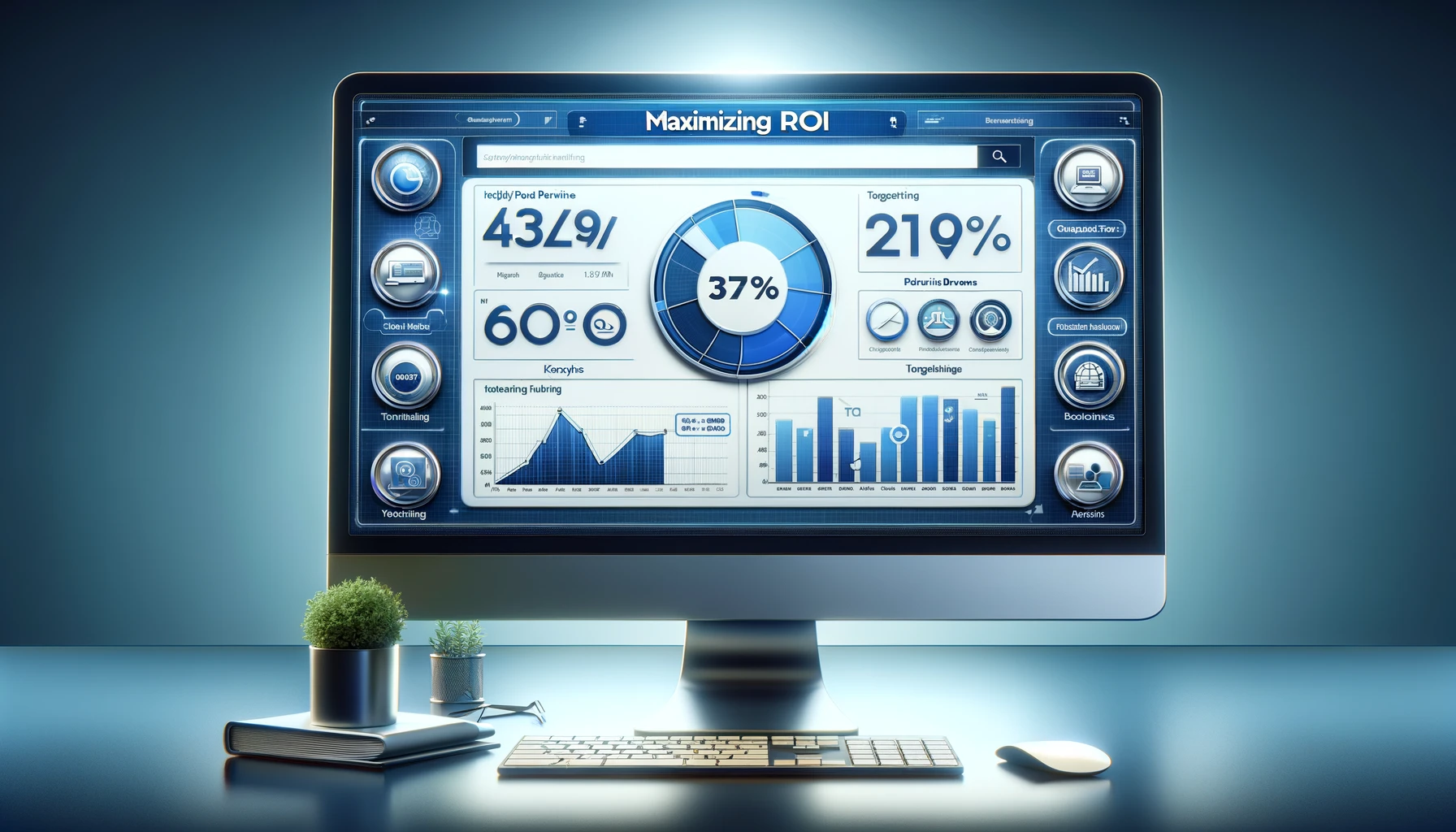 Computer screen displaying a PPC campaign dashboard with high performance charts and icons representing keywords, ad copy, targeting, and automation.